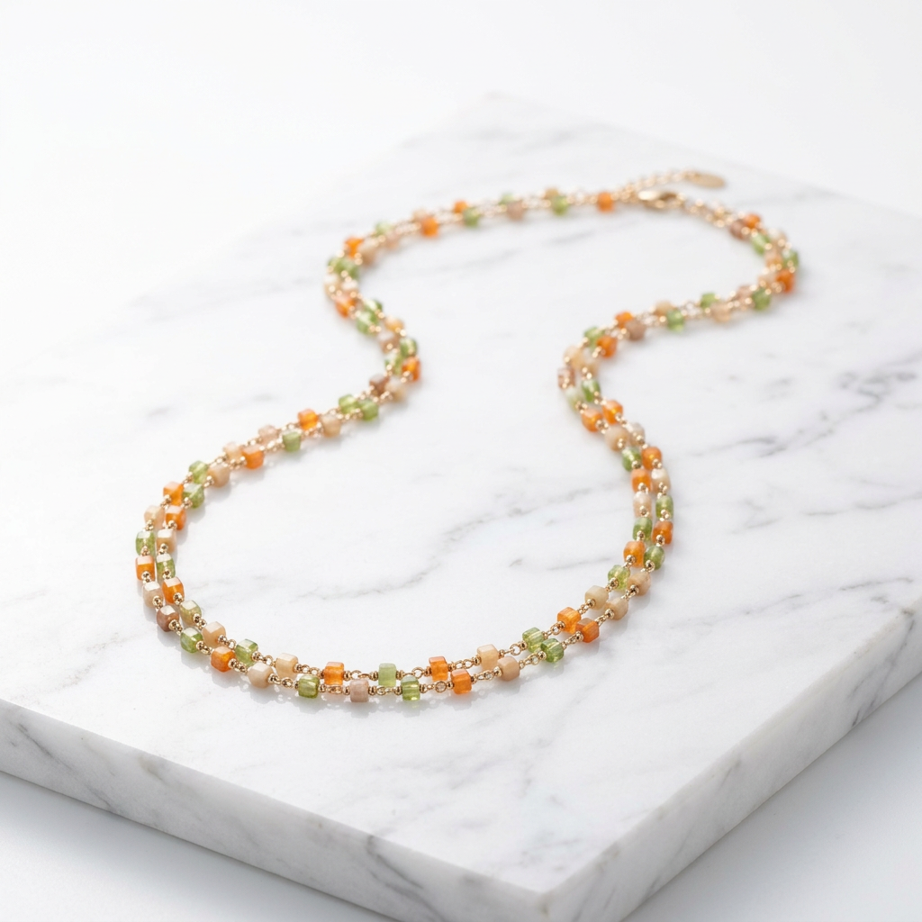 Collier stainless steel avec perles colorées oranje vert beige